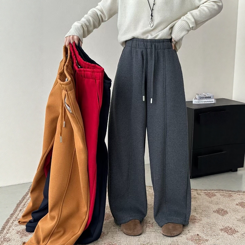 加绒灰色束脚两穿抽绳休闲裤女