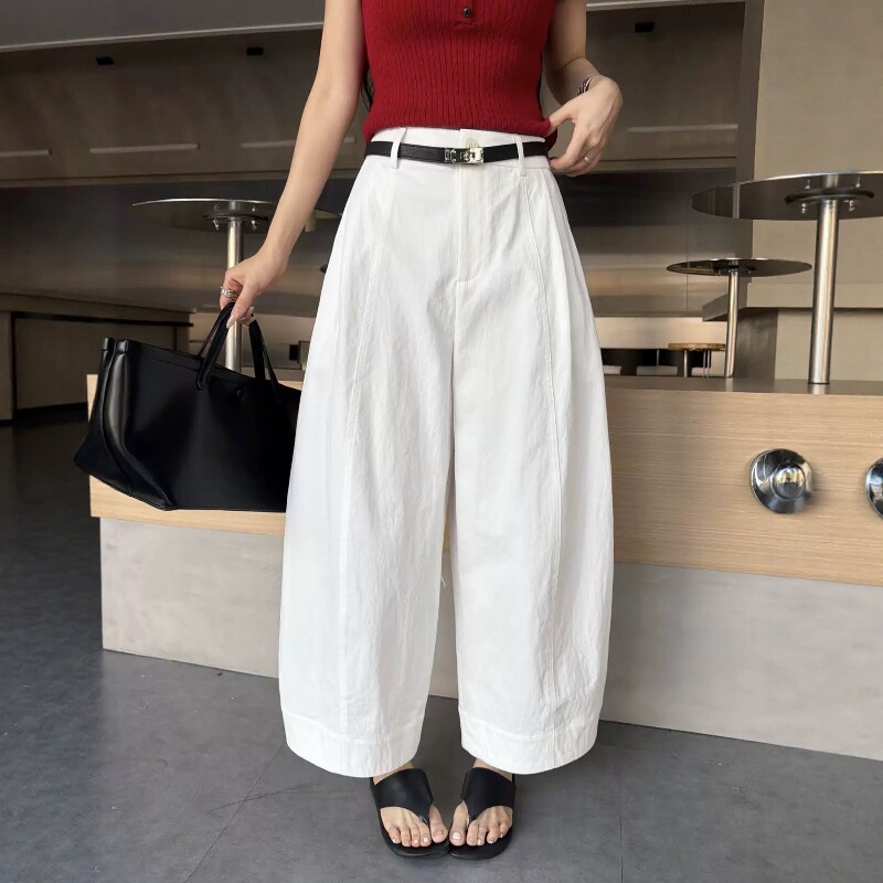 白色高腰九分阔腿裤女薄款2026夏季新款小个子宽松休闲弯刀气球裤