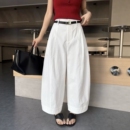 白色高腰九分阔腿裤女薄款2026夏季新款小个子宽松休闲弯刀气球裤
