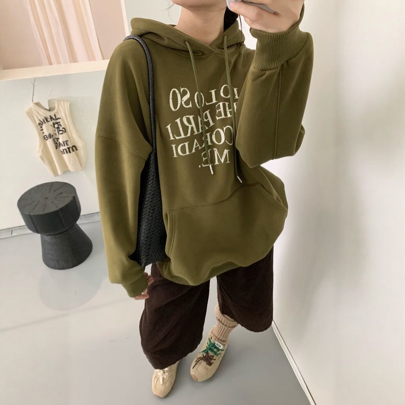 复古字母连帽加绒加厚卫衣女