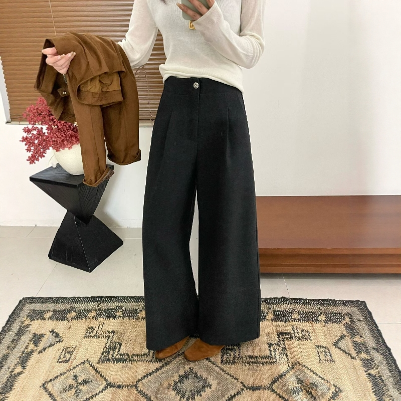 松紧腰羊绒呢九分直筒裤加绒加厚