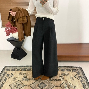 宽松小个子休闲阔腿裤 羊绒呢九分直筒裤 新款 季 女加绒加厚2025冬季