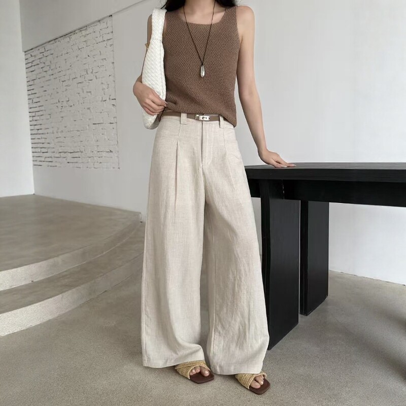 高腰天丝苎麻阔腿裤女2026夏上新款欧货配腰带显瘦百搭休闲长裤潮