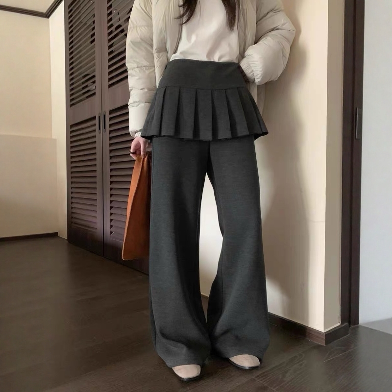 百褶屁帘加绒长裤微喇叭休闲裤女