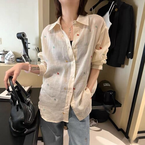 苎麻五彩刺绣小马衬衫女防晒衬衣