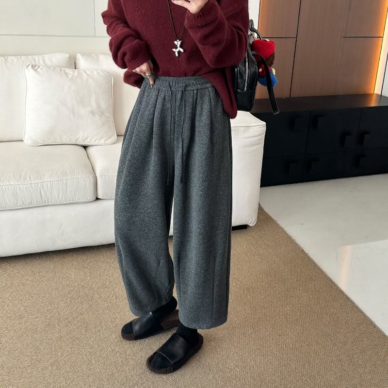 极简风抽绳松紧腰阔腿九分裤女