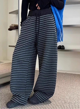 抽绳羊绒条纹阔腿裤女加绒加厚2025冬季新款欧货宽松休闲弯刀长裤