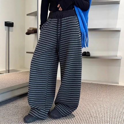 抽绳羊绒条纹阔腿裤女加绒加厚2025冬季新款欧货宽松休闲弯刀长裤
