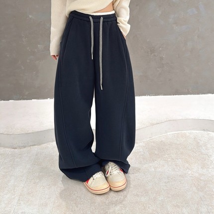 抽绳弯刀阔腿卫裤女加绒加厚2025冬季新款宽松慵懒风香蕉休闲长裤
