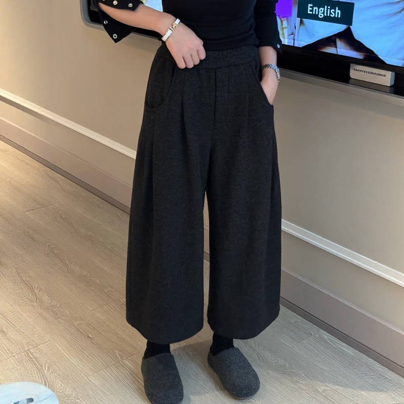 灰色加绒羊毛呢八分阔腿裤女
