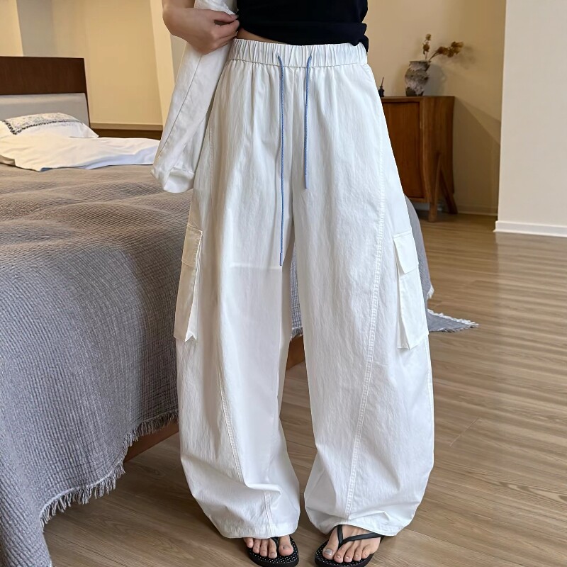 工装风抽绳速干阔腿裤女薄款2026夏季新款宽松大口袋弯刀休闲长裤