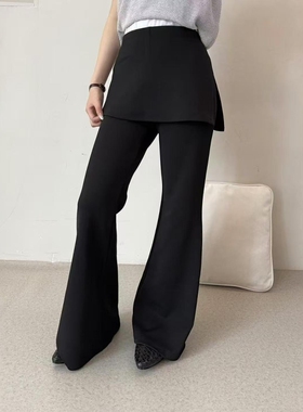 黑色假两件屁帘微喇叭裤女2026春季新款韩系叠穿拼接显瘦休闲长裤
