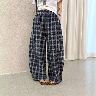休闲蓝色格纹弯刀长裤女2026年夏季新品轻薄阔腿直筒垂感抽绳裤子