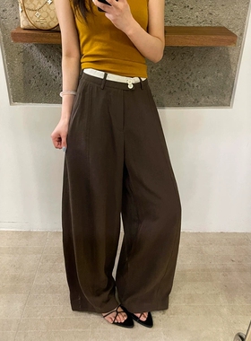 撞色拼接腰天丝亚麻阔腿裤女薄款2026夏季新款宽松垂感棉麻休闲裤