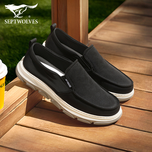 七匹狼黑布鞋男士一脚蹬轻便透气爸爸鞋软底防滑中老年套脚懒人鞋