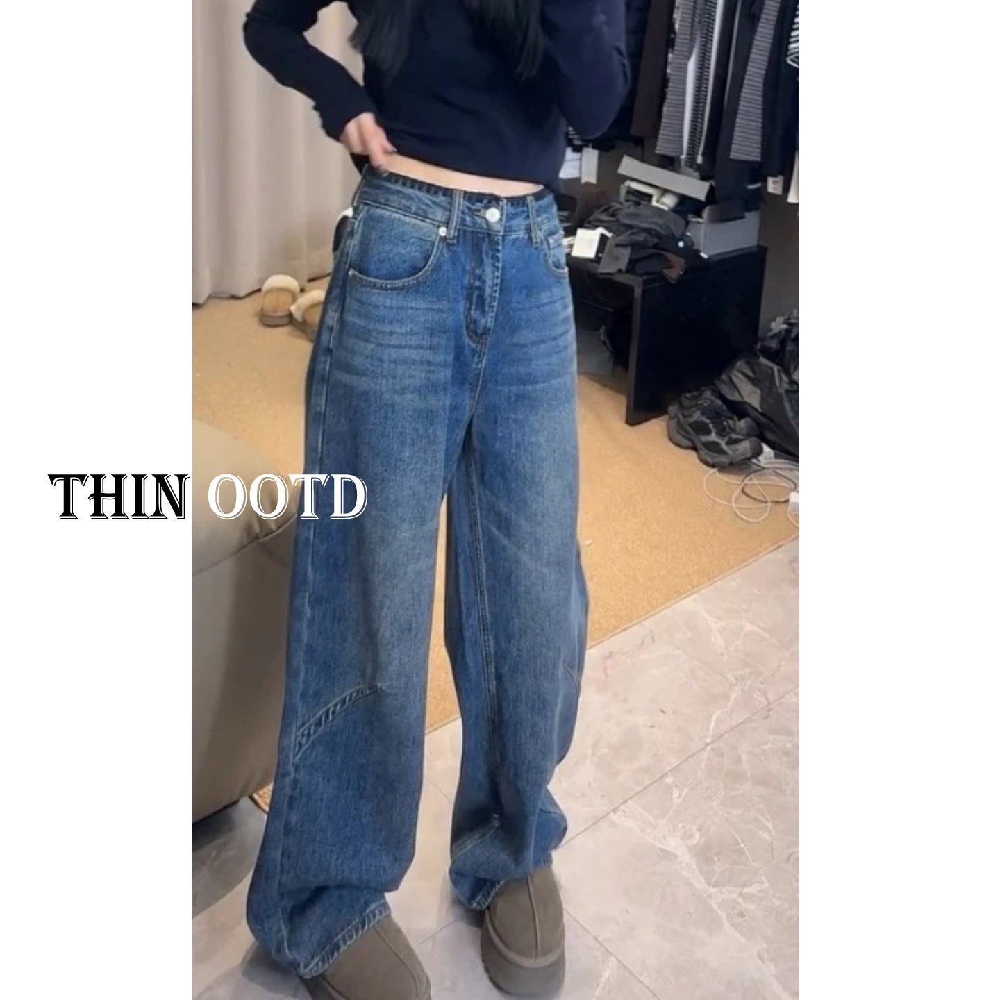 遮肉又显瘦~复古阔腿牛仔裤女~