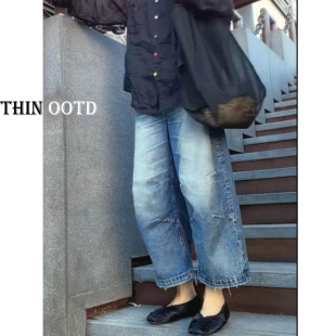 夏季蓝色美式复古水洗牛仔裤大码女装高腰宽松显瘦九分阔腿裤女款