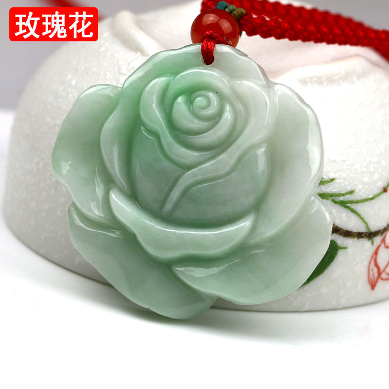 翡翠A货花朵玉吊坠 女款古典玉石花朵项链 玫瑰花玉坠正品 玉玫瑰