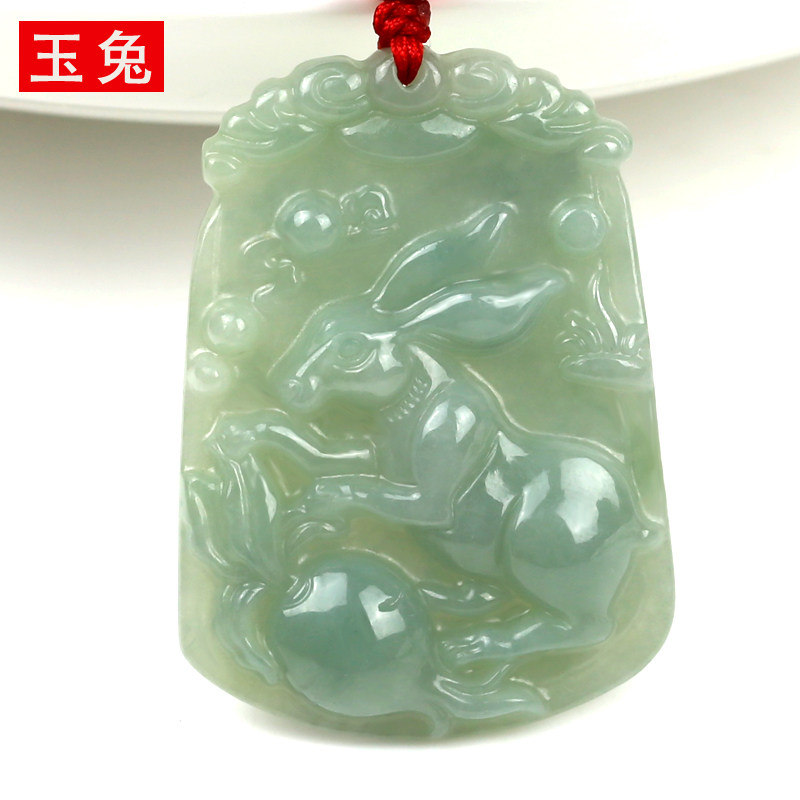 天然A货翡翠生肖兔玉吊坠 男女款十二生肖玉兔挂件 属兔玉坠正品