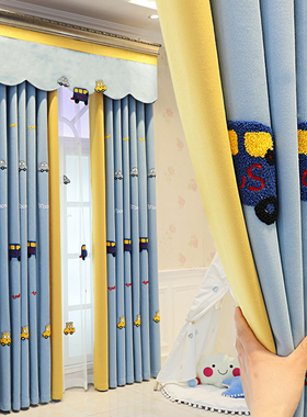 儿童房男孩窗帘北欧简约棉麻蓝色短帘飘窗卡通拼接卧室遮光帘