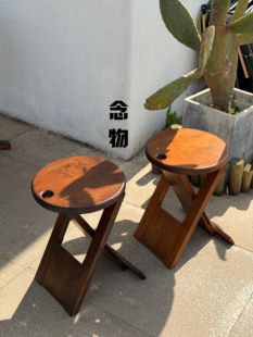 【念物】中古旧感实木折叠圆凳边几咖啡桌吧台圆凳子