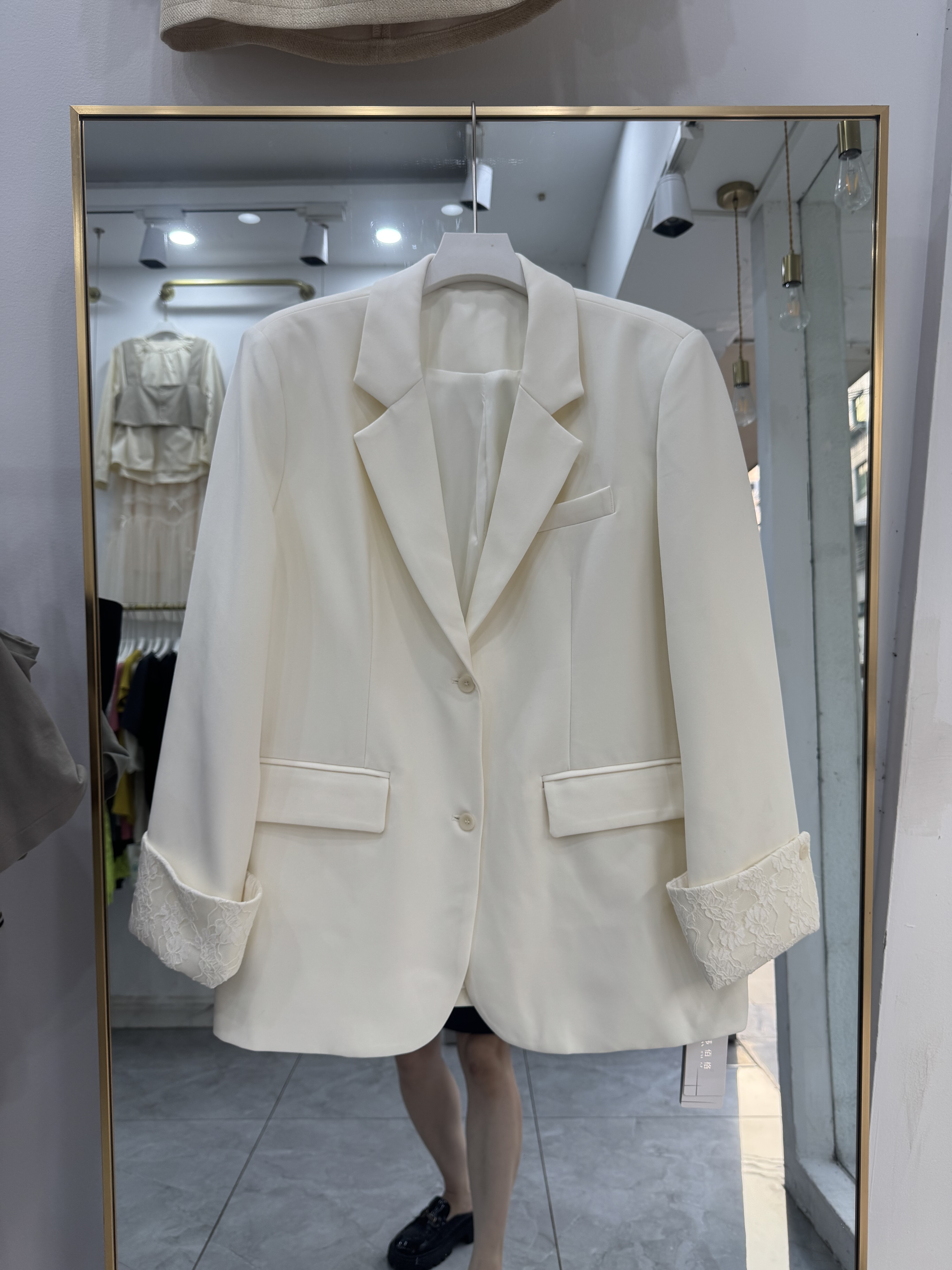 v领西装外套女款秋蕾丝拼接韩系休闲宽松长袖开衫西服上衣高级感