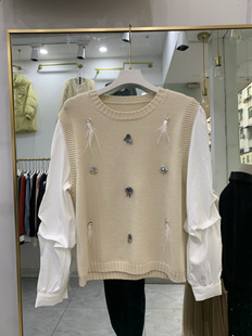 欧洲站2025春秋新款时尚亮片流苏针织马甲背心打底衬衣假两件套女