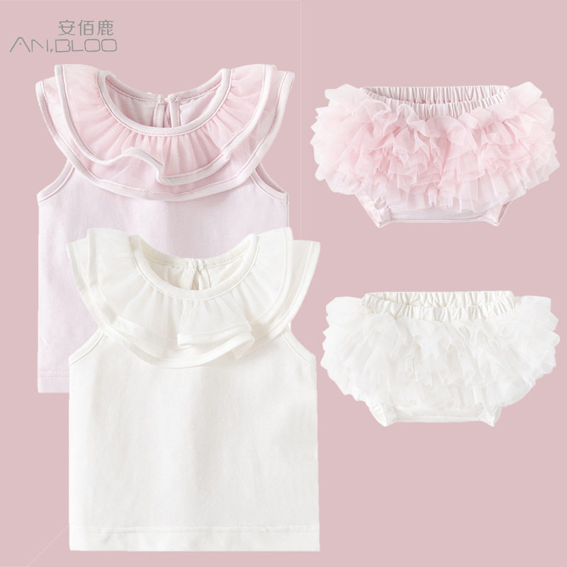 婴儿夏天衣服新生儿甜美荷叶边上衣蓬蓬裙裤套装女宝宝可爱两件套