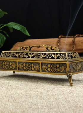 纯黄铜香炉仿古卧炉长香炉四足卧炉黄铜做旧宣德炉线香炉家居摆件