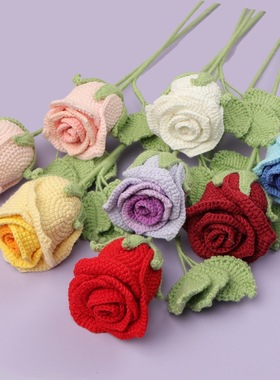 成品手工酒杯玫瑰编织花束家居摆件钩织仿真玫瑰毛线礼物家居装饰