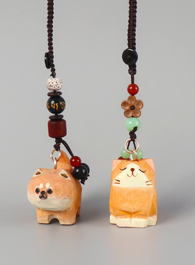 可爱雕刻柴犬猫咪钥匙扣饰品吊坠古典文玩木雕手工汽车钥匙链挂饰