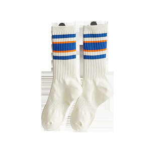 长筒袜女夏天薄款 棉袜外穿条纹运动中筒百搭秋冬横条纹白色潮袜