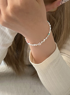 碎银子花朵串珠手链女ins小众设计感百搭蓝色不规则简约手饰