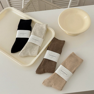 suxinaimin袜子女春秋美拉德纯色细条坑条潮流百搭吸汗中筒堆堆