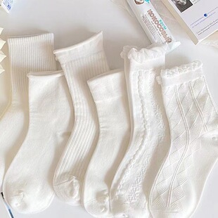 白色袜子女袜纯色棉袜子纯白全色棉女袜子中筒袜泡泡口洛丽塔