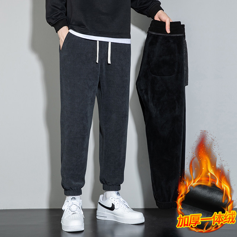 时尚潮流灯芯绒复古休闲男裤卫裤宽松大码束脚裤秋冬季运动直筒裤