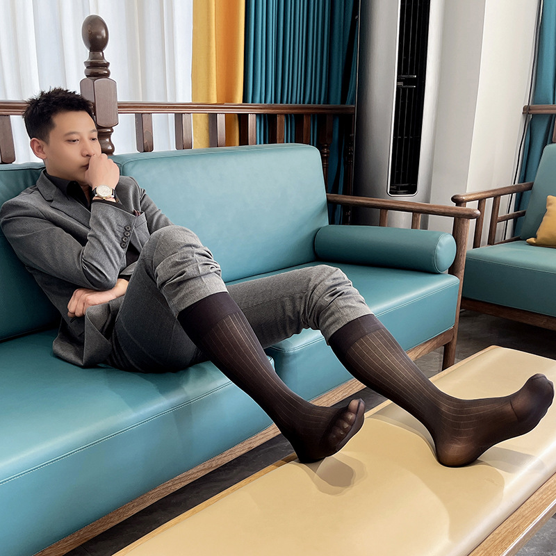 寅枷宽条纹男士商务西装丝袜中长筒日系锦纶正装丝袜丝滑通勤超薄
