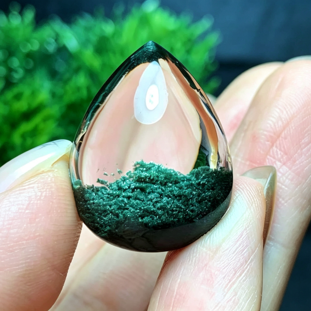 天然水晶绿幽灵聚宝盆金字塔水滴颈饰