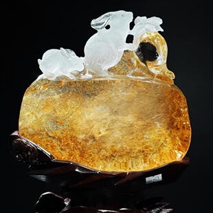 天然白水晶黄胶花雕刻兔生肖兔摆件小兔子吉祥物工艺品招财客厅