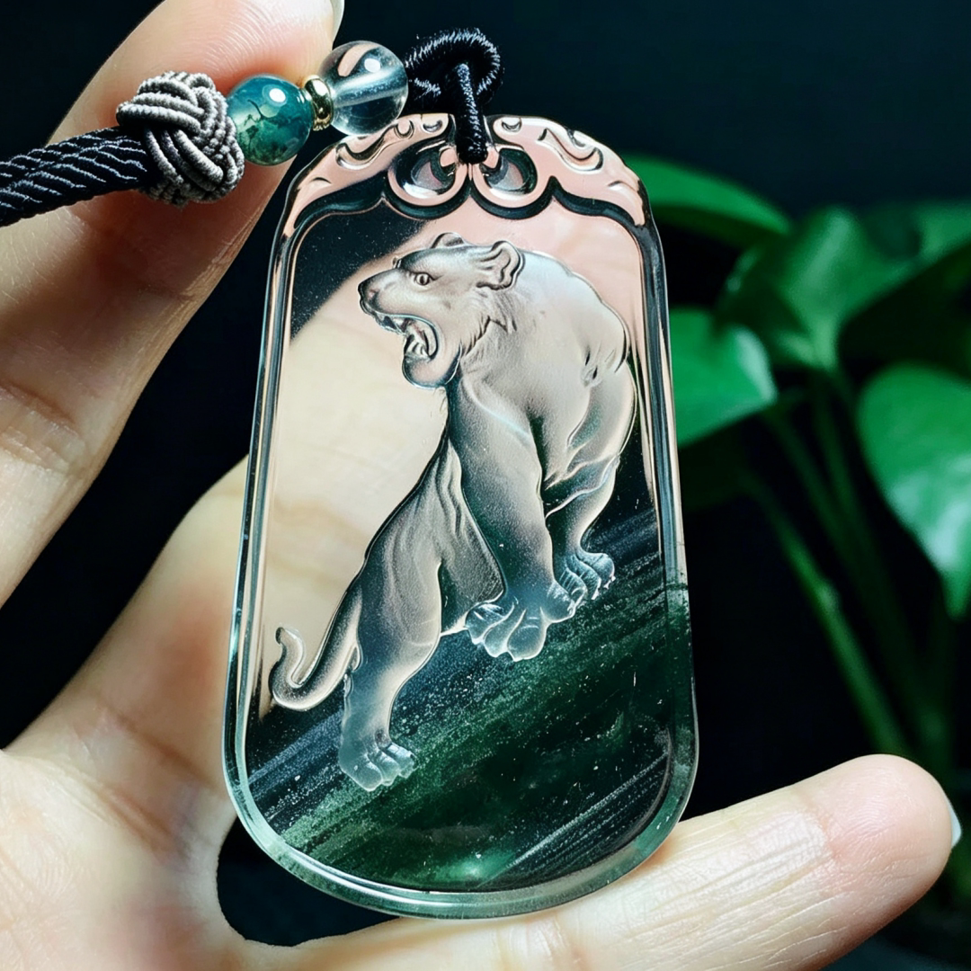 天然水晶绿幽灵雕刻虎生肖虎老虎吊坠