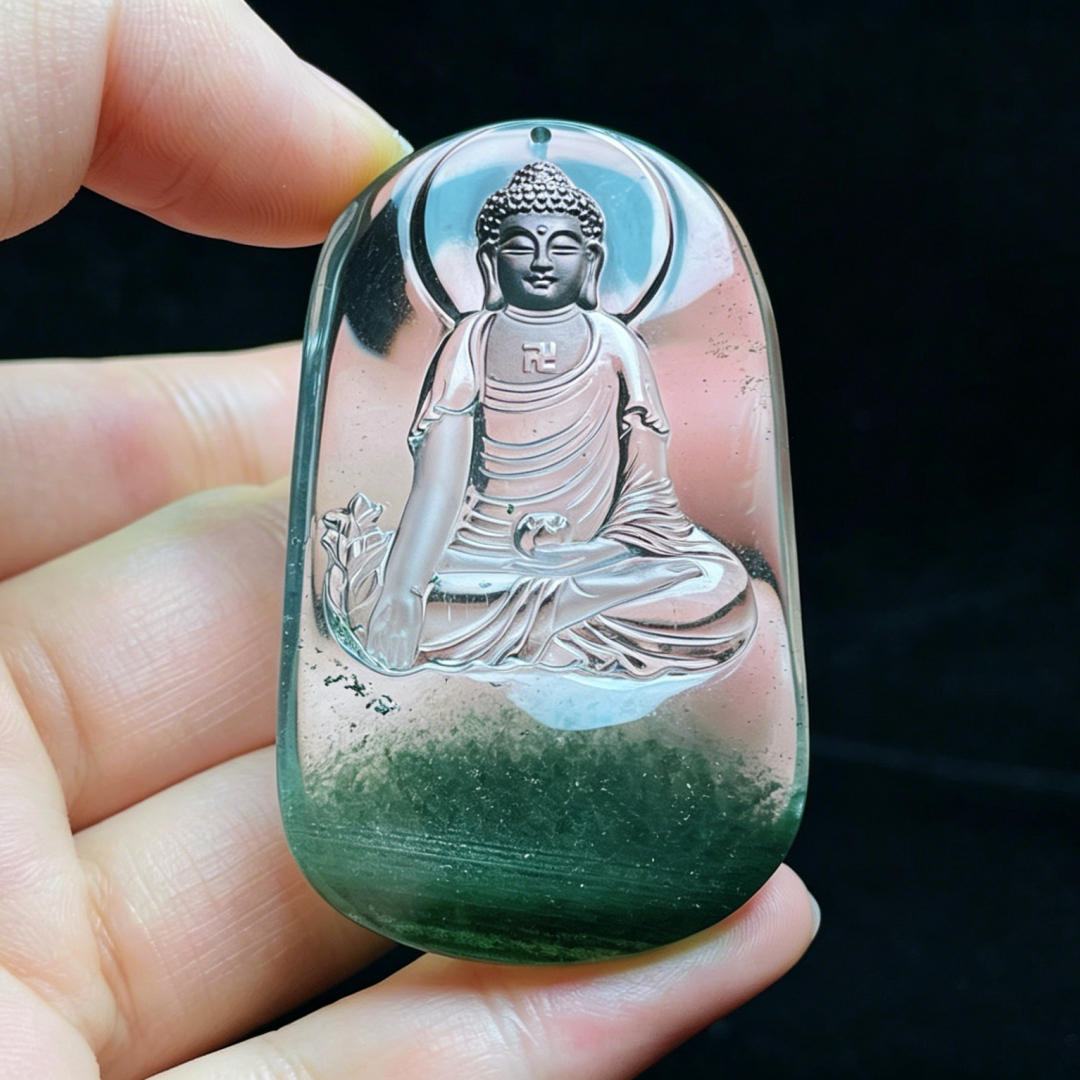 天然白水晶绿幽灵雕刻药师佛佛像吊坠挂件
