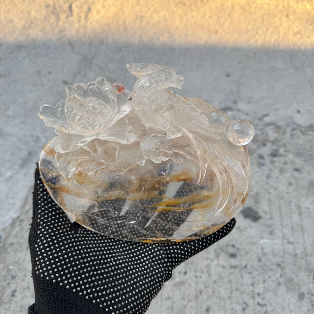 天然白水晶黄胶花雕刻锦鸡摆件前程似锦吉祥物助运气
