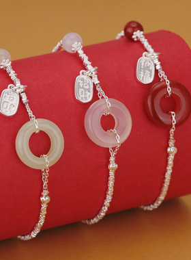 s925纯银手作新中式碎银子红色玛瑙手链女玉髓平安手串