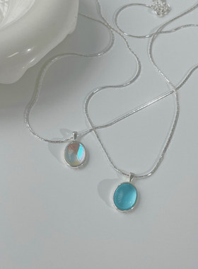 s925纯银ins风旦面月光石海蓝石项链女小众设计蛇骨链颈链叠搭