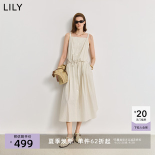 LILY2025夏新款女装度假风条纹方领收腰休闲无袖吊带裙米色连衣裙