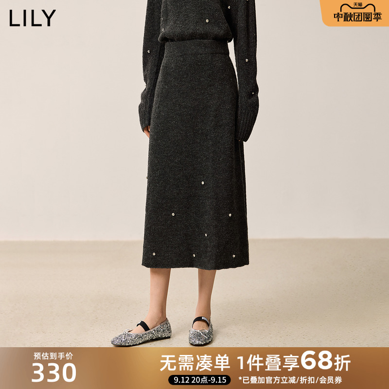 LILY2024冬新款女装格雷系轻奢手工钉钻松紧腰百搭毛绒针织半身裙
