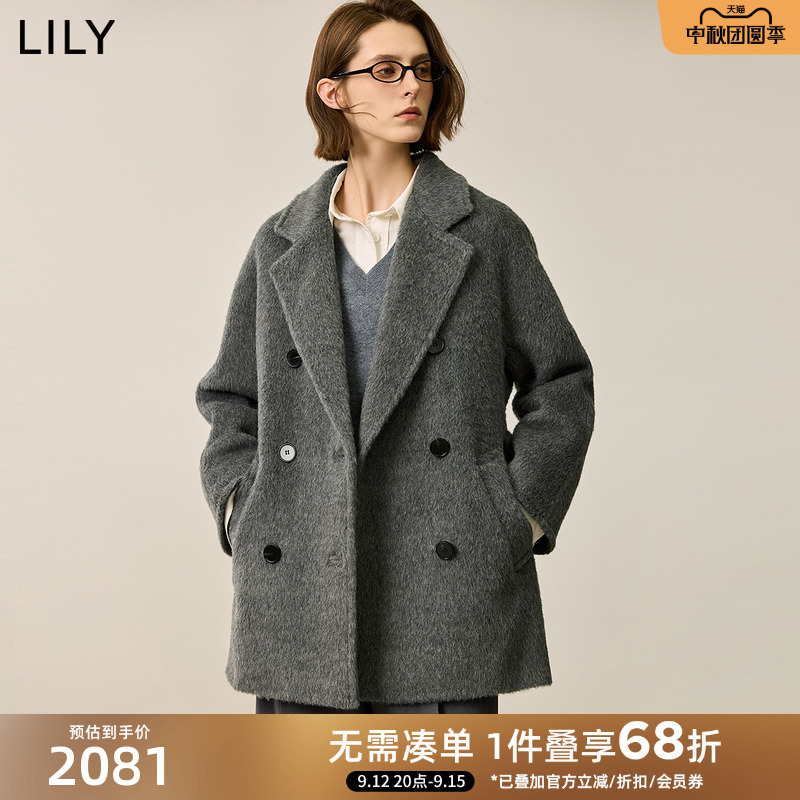 LILY2025冬新款女装绵羊毛羊驼毛肌理感宽松百搭西装式毛呢外套女