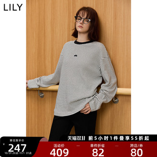 LILY2025冬新款女装经典横条纹宽松休闲百搭套头圆领卫衣女款内搭