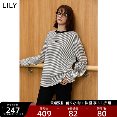 LILY2025冬新款女装经典横条纹宽松休闲百搭套头圆领卫衣女款内搭