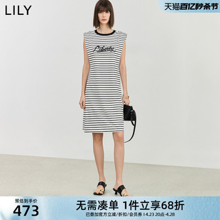 LILY2025夏新款女装复古条纹设计感宽肩休闲通勤中长连衣裙小个子